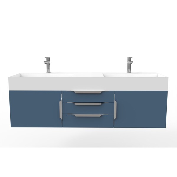Castello Usa Amazon 60" Wall Mounted Blue Vanity With White Top And Chrome Handles CB-MC-60BLU-CHR-2056-WH - main